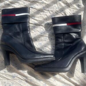 Tommy Hilfiger Black Heeled Boots with Red and White Stripes